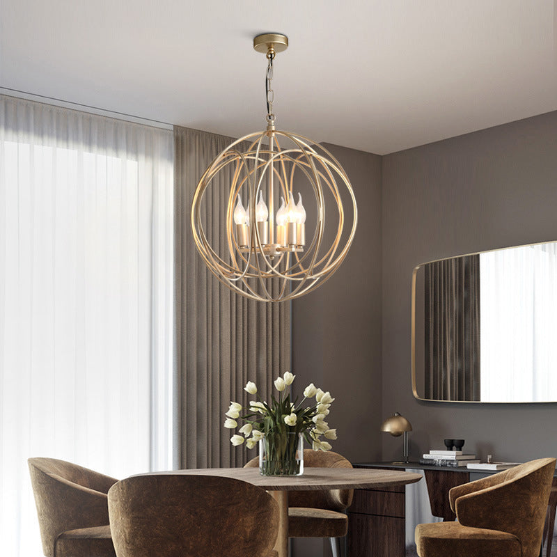 Post-Modern Metal Hanging Chandelier Light Gold Spherical Cage Shade Ceiling Chandelier for Dining Room