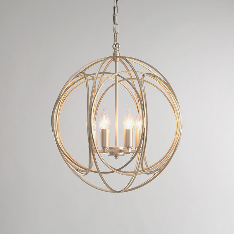 Post-Modern Metal Hanging Chandelier Light Gold Spherical Cage Shade Ceiling Chandelier for Dining Room