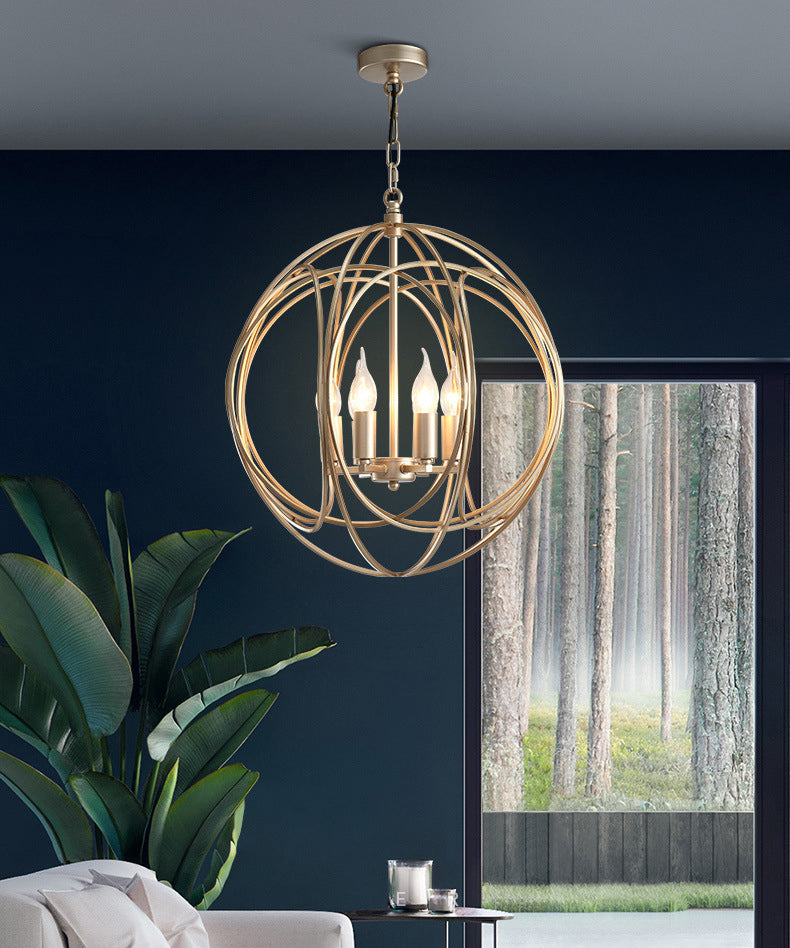 Post-Modern Metal Hanging Chandelier Light Gold Spherical Cage Shade Ceiling Chandelier for Dining Room