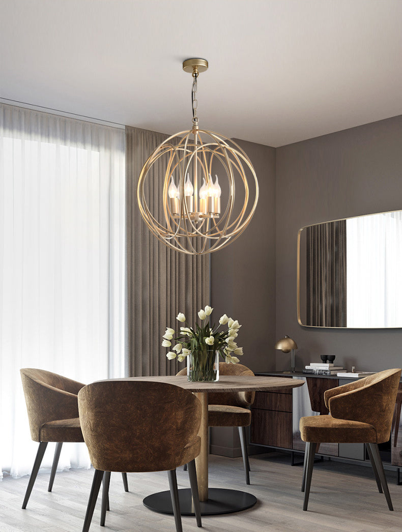 Post-Modern Metal Hanging Chandelier Light Gold Spherical Cage Shade Ceiling Chandelier for Dining Room