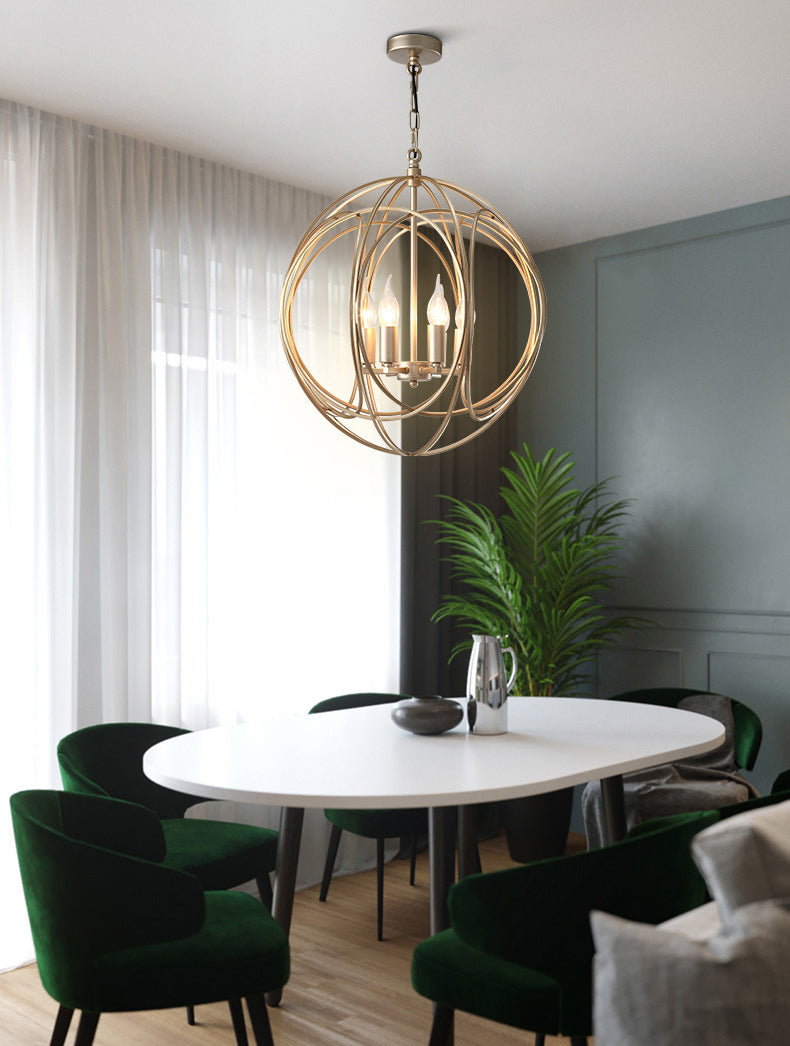 Post-Modern Metal Hanging Chandelier Light Gold Spherical Cage Shade Ceiling Chandelier for Dining Room
