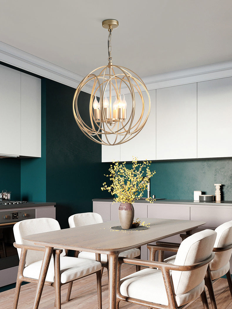 Post-Modern Metal Hanging Chandelier Light Gold Spherical Cage Shade Ceiling Chandelier for Dining Room
