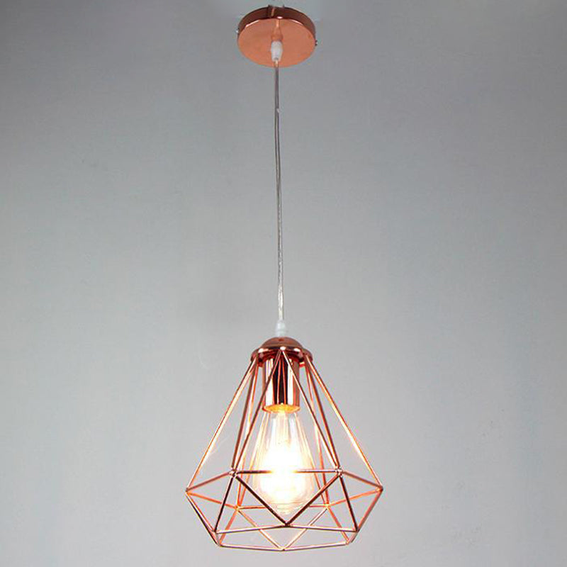 Electroplated Rose Gold Hanging Light Iron Cage Shade Industrial Style Single Bulb Lighting Fixture for Bedroom