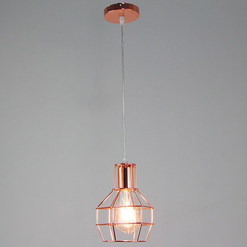 Electroplated Rose Gold Hanging Light Iron Cage Shade Industrial Style Single Bulb Lighting Fixture for Bedroom