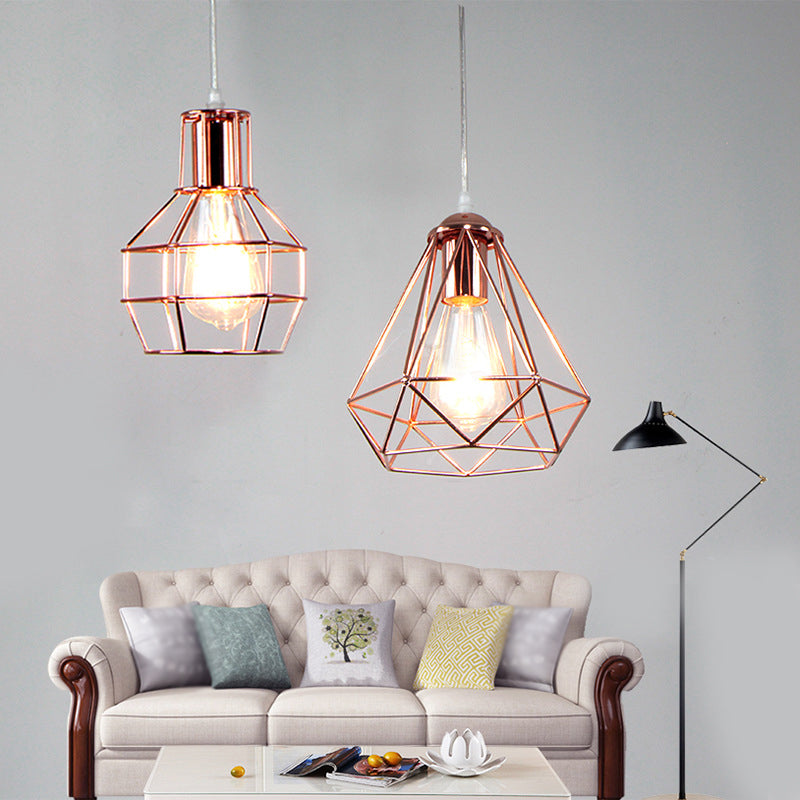 Electroplated Rose Gold Hanging Light Iron Cage Shade Industrial Style Single Bulb Lighting Fixture for Bedroom