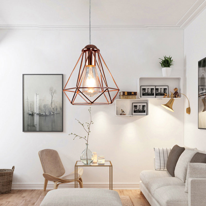 Electroplated Rose Gold Hanging Light Iron Cage Shade Industrial Style Single Bulb Lighting Fixture for Bedroom