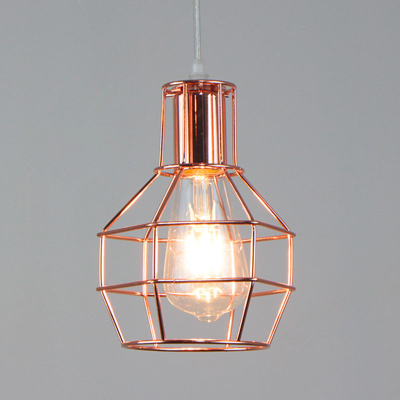 Electroplated Rose Gold Hanging Light Iron Cage Shade Industrial Style Single Bulb Lighting Fixture for Bedroom