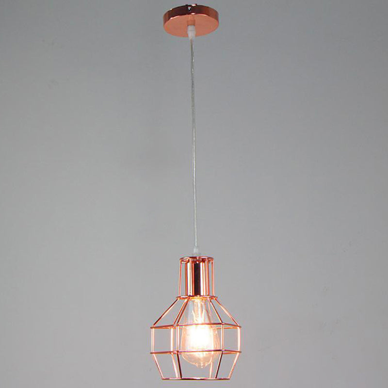 Electroplated Rose Gold Hanging Light Iron Cage Shade Industrial Style Single Bulb Lighting Fixture for Bedroom