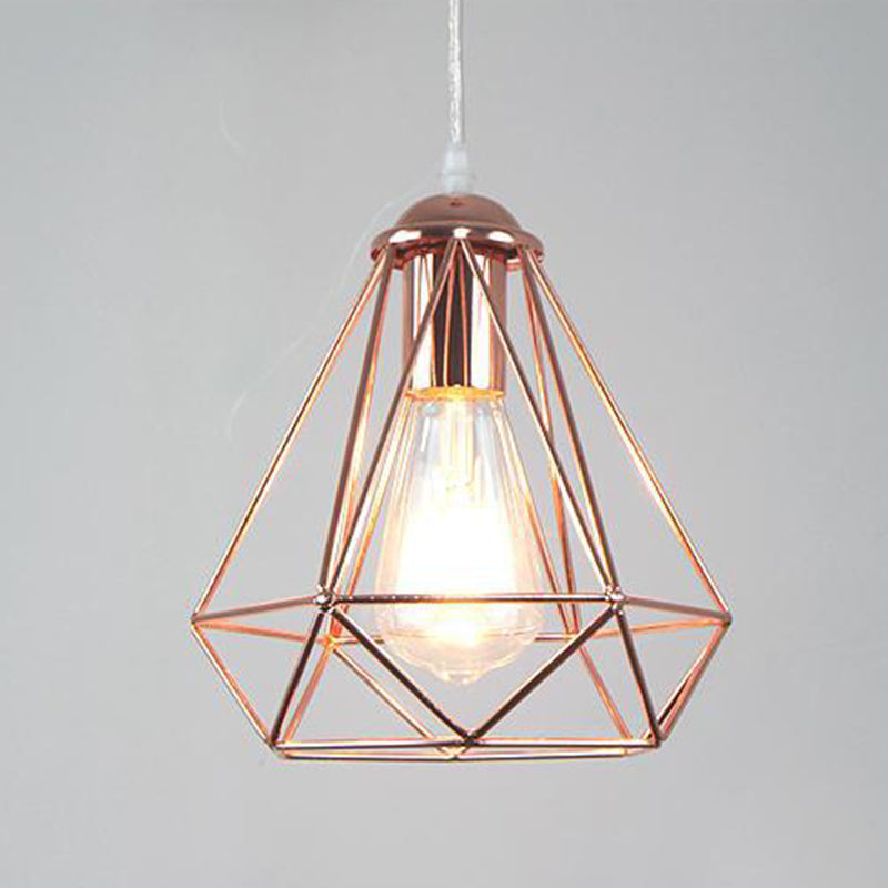 Electroplated Rose Gold Hanging Light Iron Cage Shade Industrial Style Single Bulb Lighting Fixture for Bedroom
