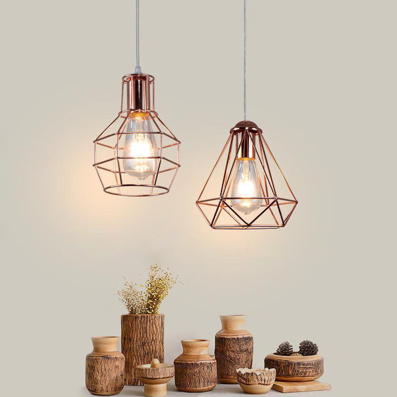 Electroplated Rose Gold Hanging Light Iron Cage Shade Industrial Style Single Bulb Lighting Fixture for Bedroom