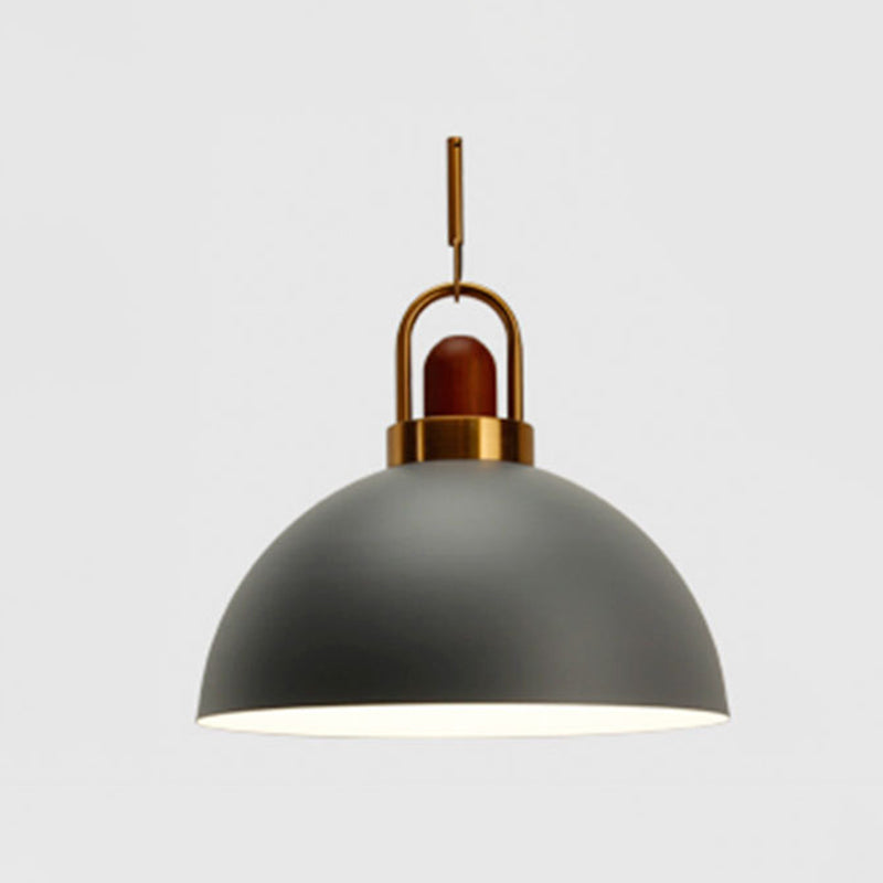 Metal Hemispherical Hanging Light Nordic Style 1 Light Restaurant Ceiling Pendant Lamp with Wooden Top