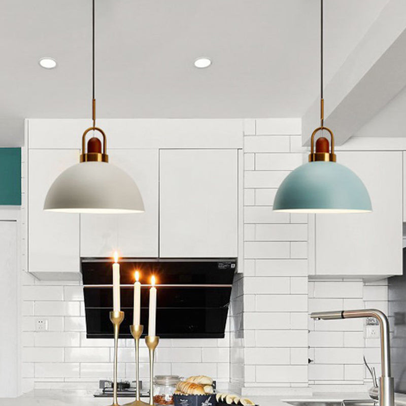 Metal Hemispherical Hanging Light Nordic Style 1 Light Restaurant Ceiling Pendant Lamp with Wooden Top