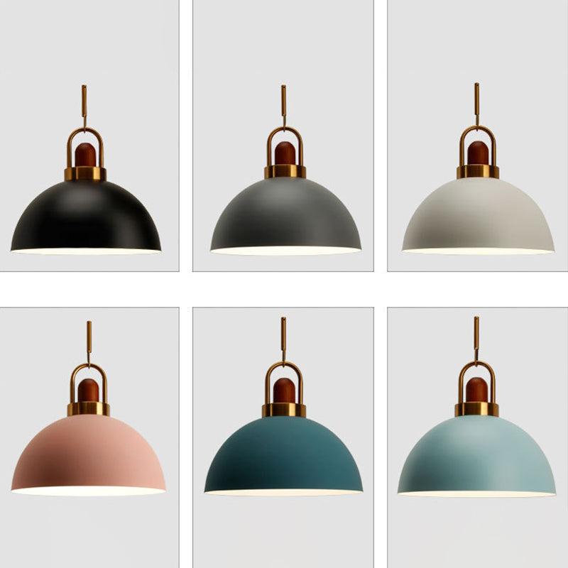 Metal Hemispherical Hanging Light Nordic Style 1 Light Restaurant Ceiling Pendant Lamp with Wooden Top