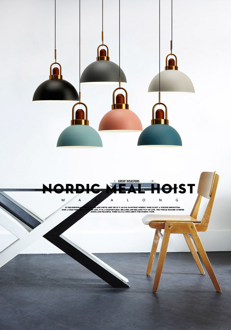 Metal Hemispherical Hanging Light Nordic Style 1 Light Restaurant Ceiling Pendant Lamp with Wooden Top