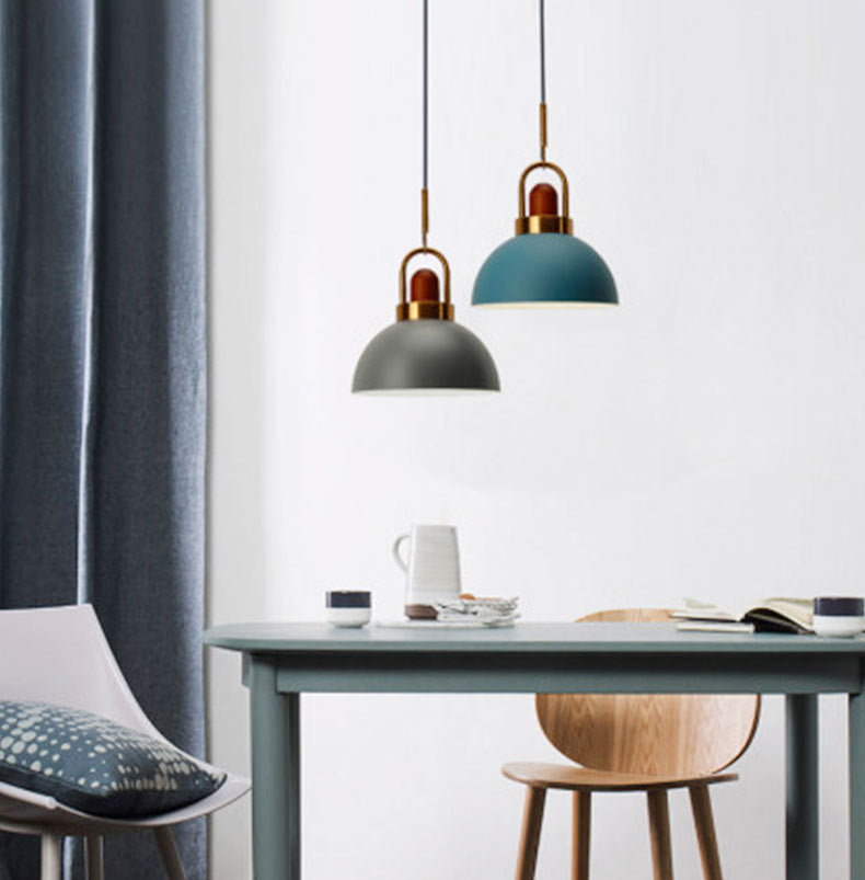 Metal Hemispherical Hanging Light Nordic Style 1 Light Restaurant Ceiling Pendant Lamp with Wooden Top