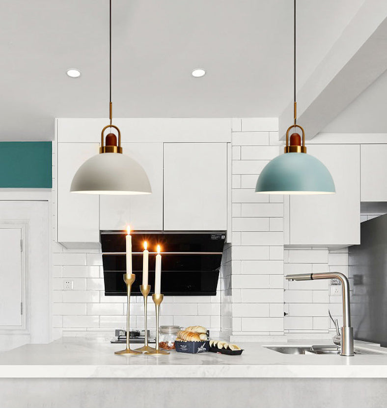 Metal Hemispherical Hanging Light Nordic Style 1 Light Restaurant Ceiling Pendant Lamp with Wooden Top