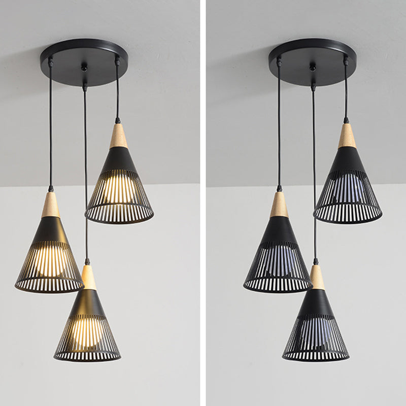 Noordse moderne stijl taps toelopende houten bovenste hanglamp metalen draadkooi woonkamer hangende lamp