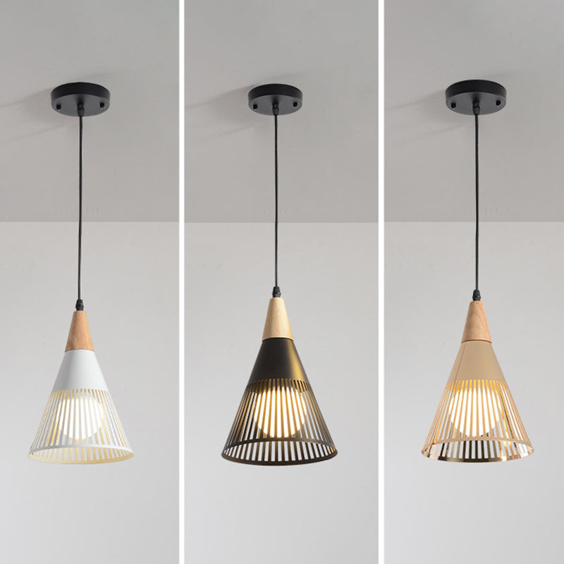 Noordse moderne stijl taps toelopende houten bovenste hanglamp metalen draadkooi woonkamer hangende lamp