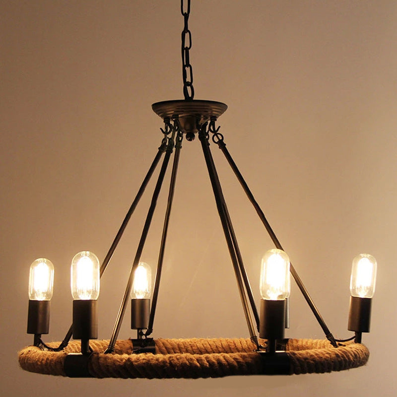Industrial Art Rope Hanging Chandelier Light Circular Black Metal Exposed Bulb Drop Lamp