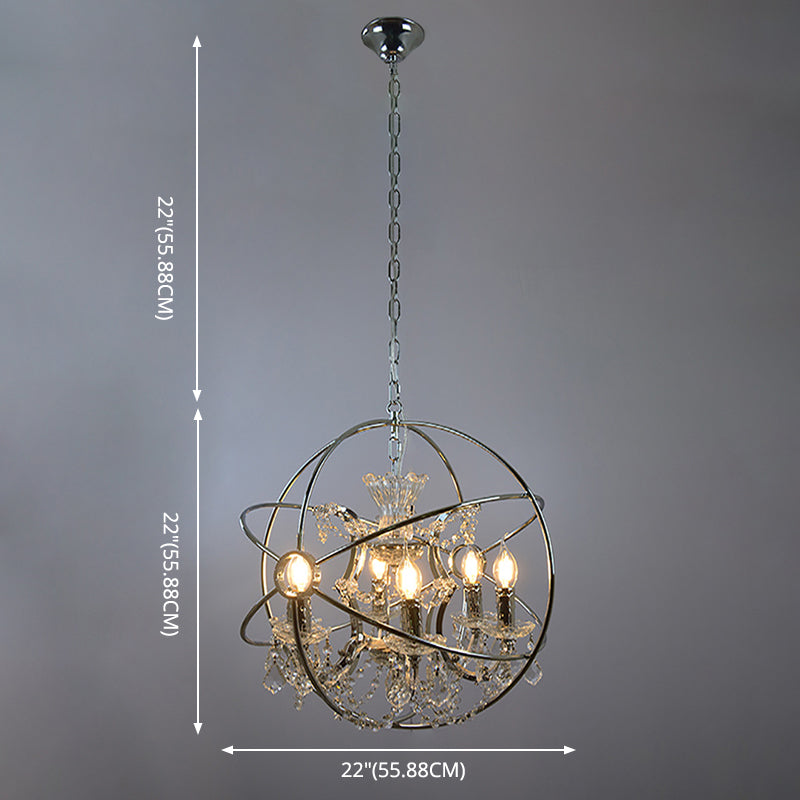 Rustic Chrome 6 Light Pendant Light Strap Globe Metal Cage Shade Hanging Lamp for Living Room
