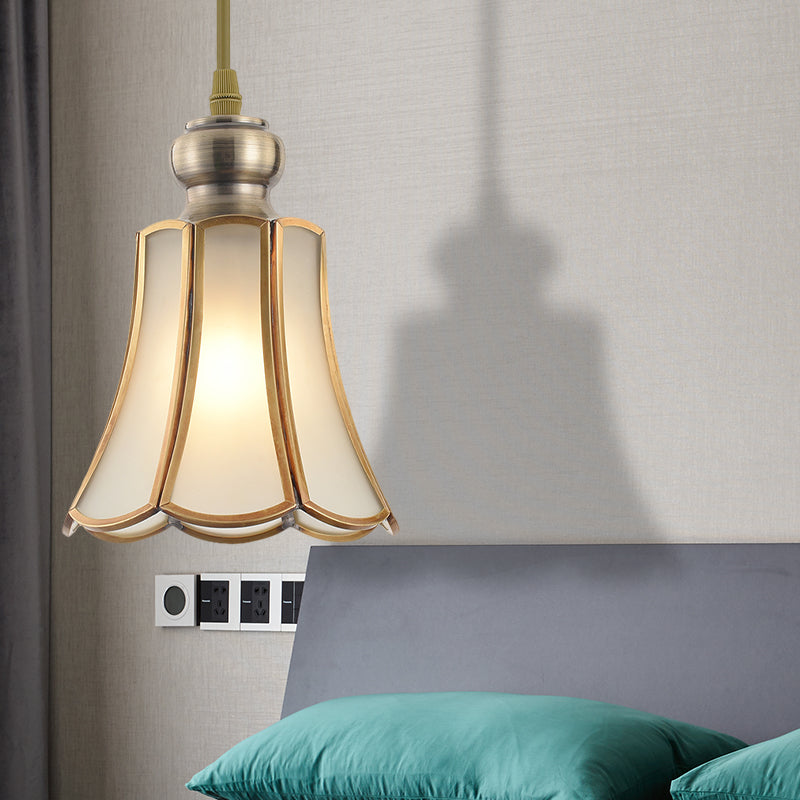 White Opal Glass Gold Suspension Lighting Bowl/Flower/Wide Flare Traditional Hanging Pendant Lamp for Dining Room