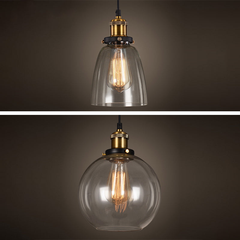 Clear Glass Shade Hanging Ceiling Light Industrial Vintage Brass 1 Light Restaurant Down Lighting