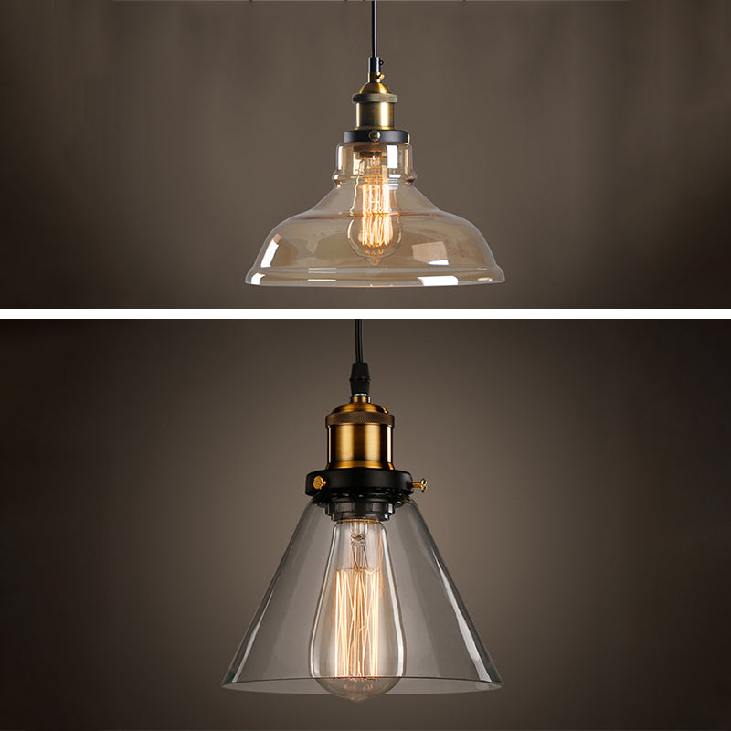 Clear Glass Shade Hanging Ceiling Light Industrial Vintage Brass 1 Light Restaurant Down Lighting