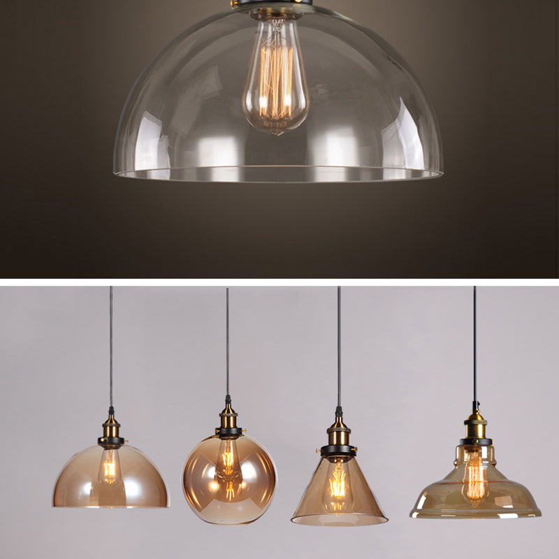 Clear Glass Shade Hanging Ceiling Light Industrial Vintage Brass 1 Light Restaurant Down Lighting