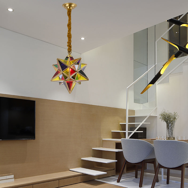 Star Shape Red Stained Glass Pendant Lighting Traditional 1 Head Dining Room Suspension Lamp