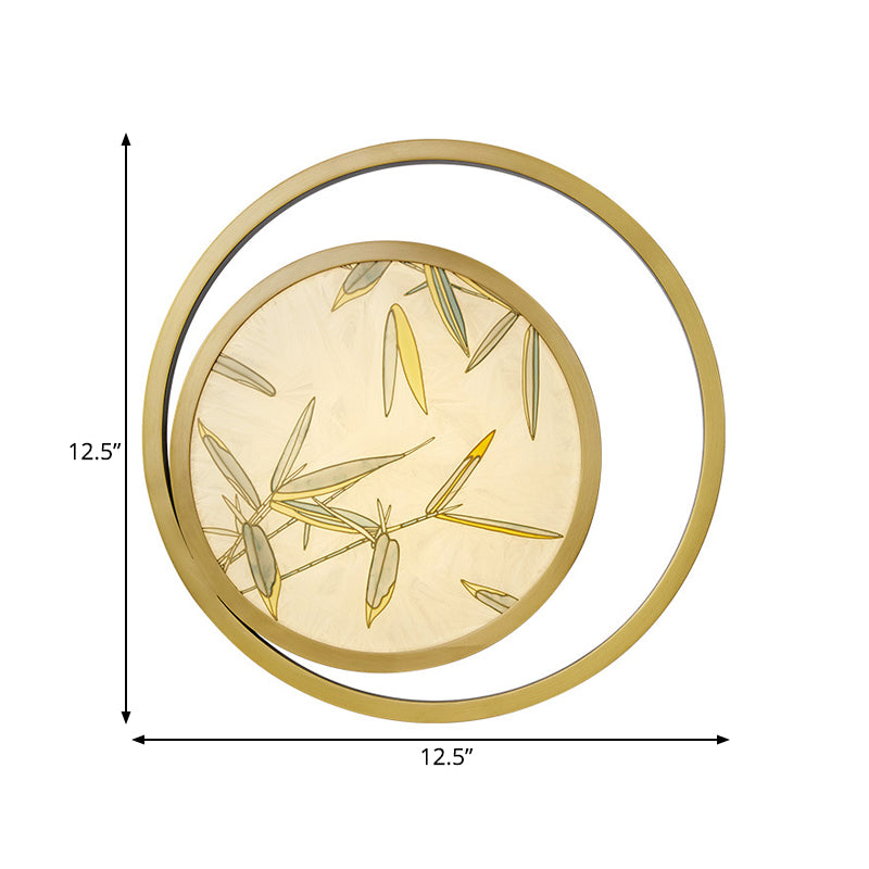 1 Light Metal Wall Mounted Light Traditional Brass Round Tea House Sconce with Leaf Pattern