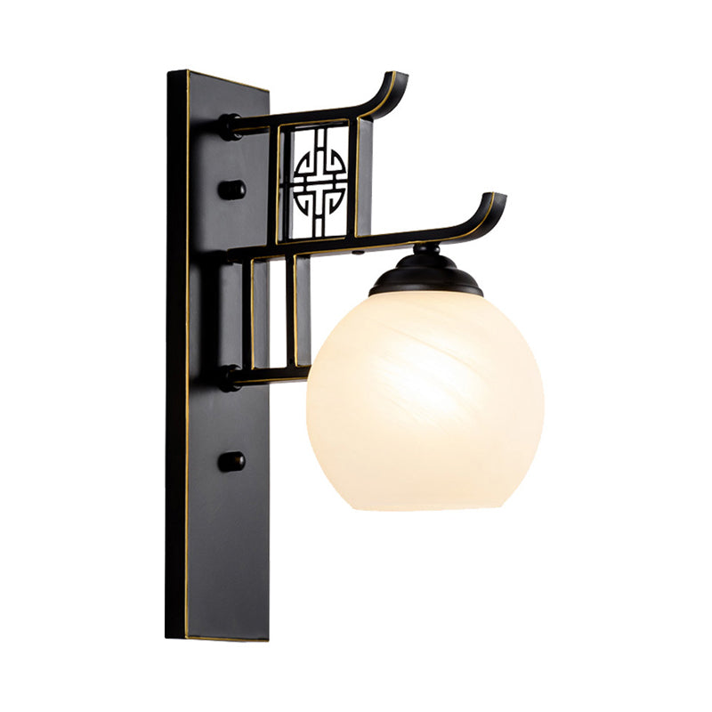 Spherical Bedside Sconce Light Fixture Classic Opal Glass 1 Light Black Wall Mounted Lamp