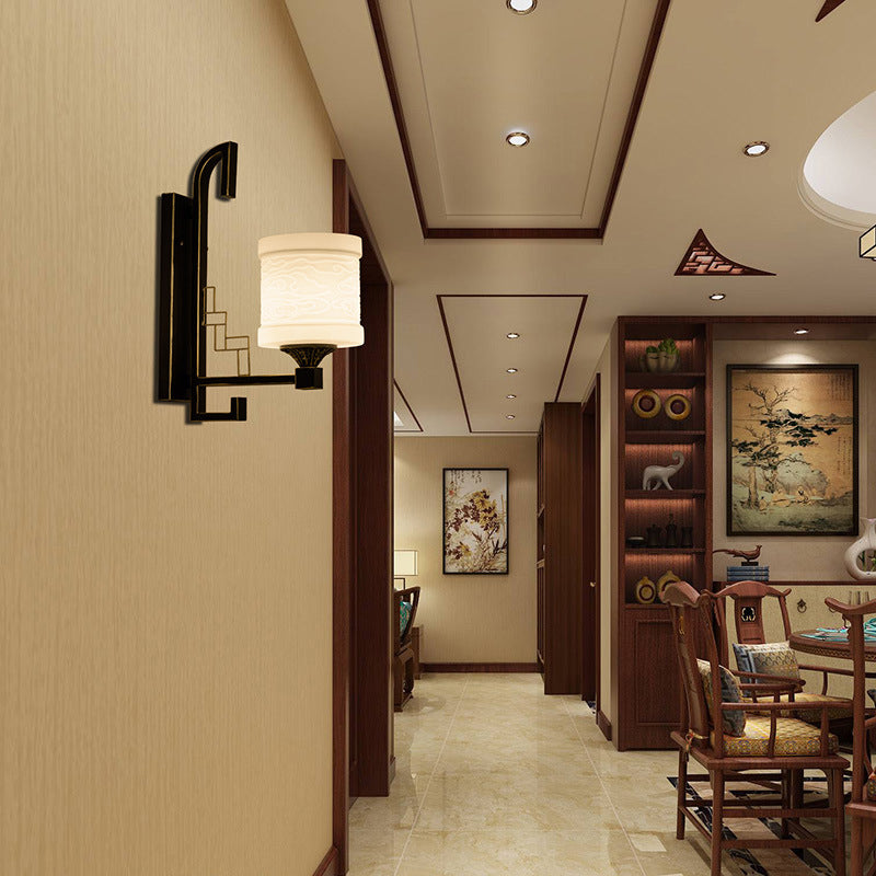 Black 1 Light Wall Mounted Light Traditional Metal Cylinder Sconce for Corridor with Fabric Shade