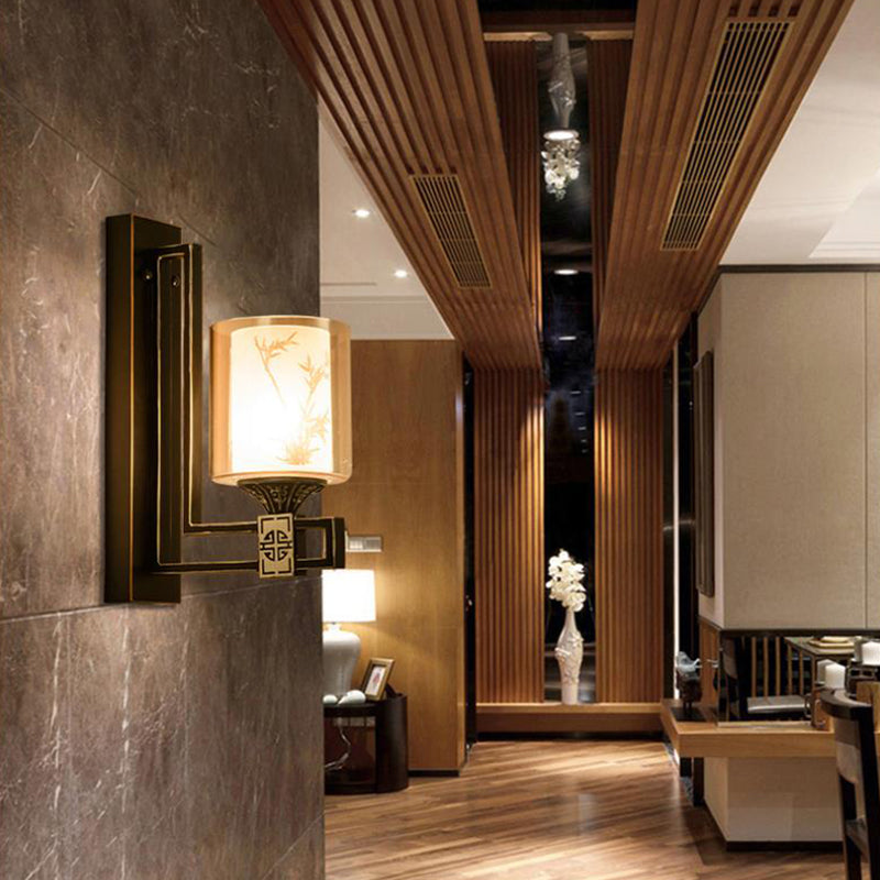 Luz de pared de cilindro negro estilo tradicional vaso ámbar 1 sala de estar ligera con placa posterior de metal