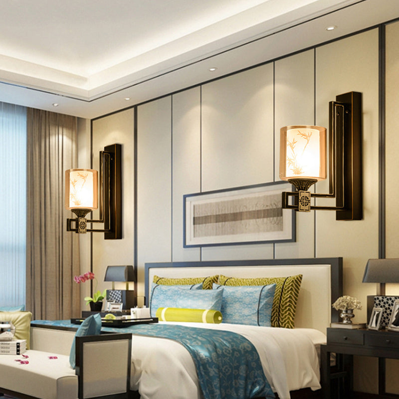 Luz de pared de cilindro negro estilo tradicional vaso ámbar 1 sala de estar ligera con placa posterior de metal