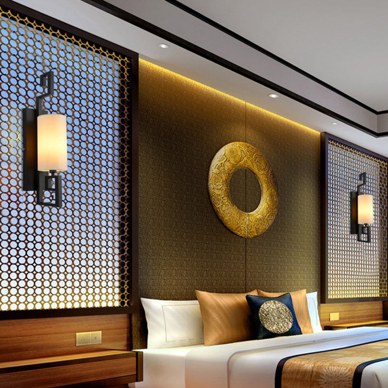 1 Light Sconce Light Fixture Classic Cylinder Metal Wall Mount Lighting in Black/Gold with Fabric Shade