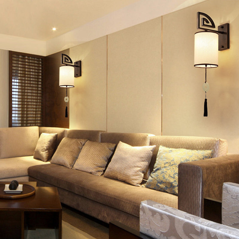 Fabric White Wall Light Fixture Cylinder 1 Light Traditional Sconce for Living Room with Metal Backplate