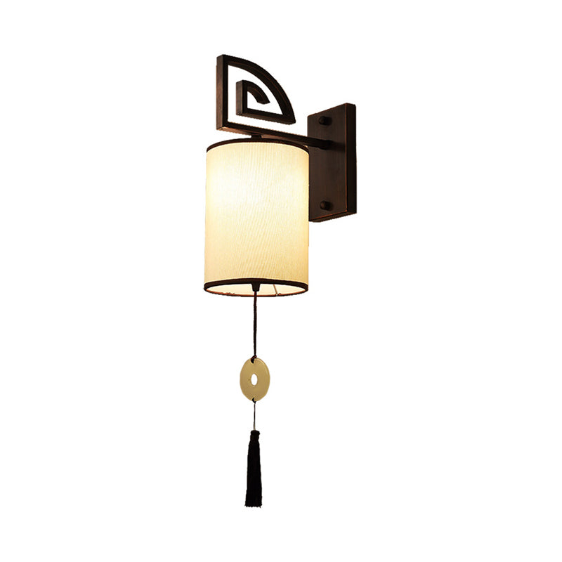 Fabric White Wall Light Fixture Cylinder 1 Light Traditional Sconce for Living Room with Metal Backplate