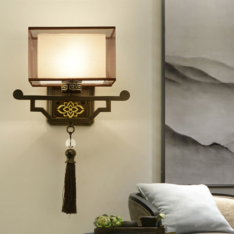 Black 1 Light Wall Mount Light Traditional Fabric Rectangle Sconce with Metal Backplate