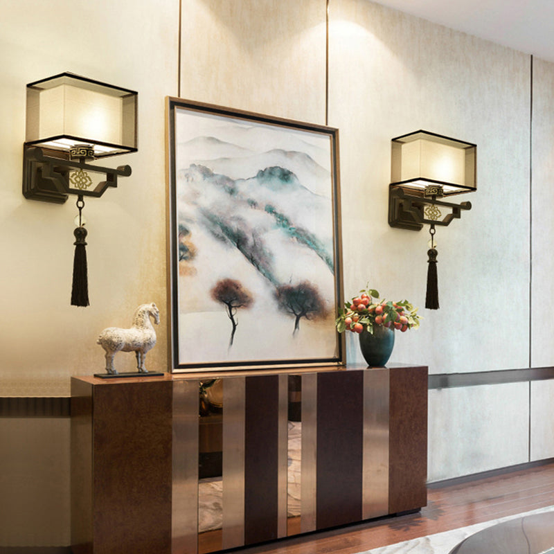 Black 1 Light Wall Mount Light Traditional Fabric Rectangle Sconce with Metal Backplate