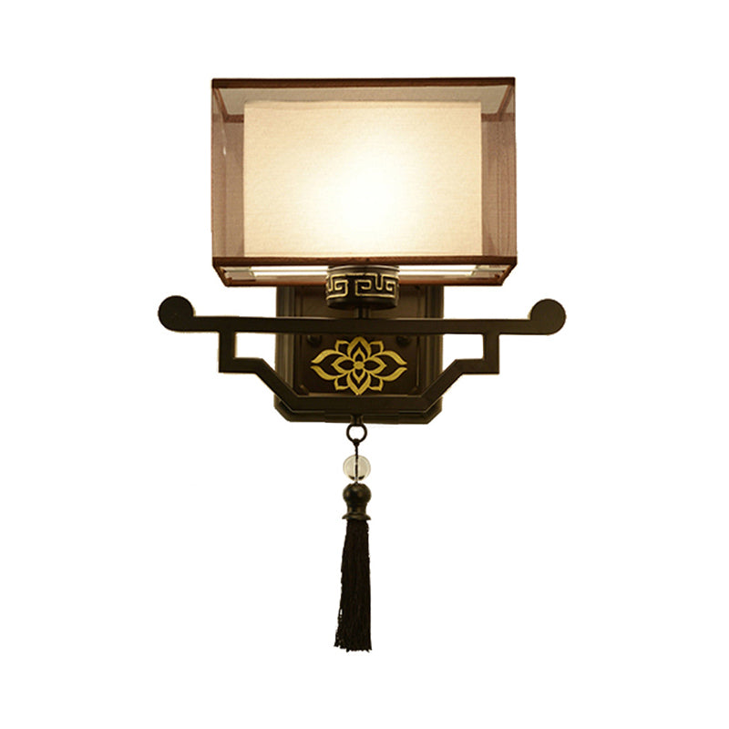 Black 1 Light Wall Mount Light Traditional Fabric Rectangle Sconce with Metal Backplate