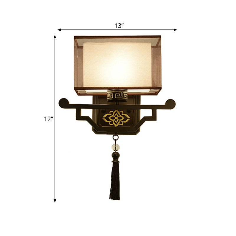 Black 1 Light Wall Mount Light Traditional Fabric Rectangle Sconce with Metal Backplate