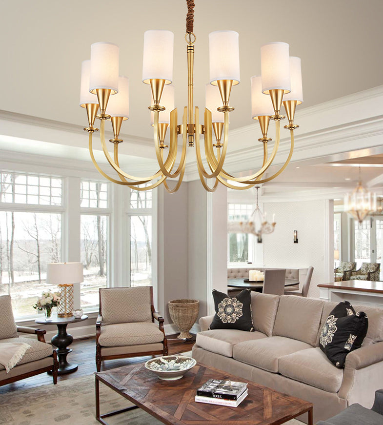 Brass American Traditional Style Chandelier Cylindrical Fabric Shade Dining Room Lighting Fixture with 19.6" Adjustable Suspension Chain