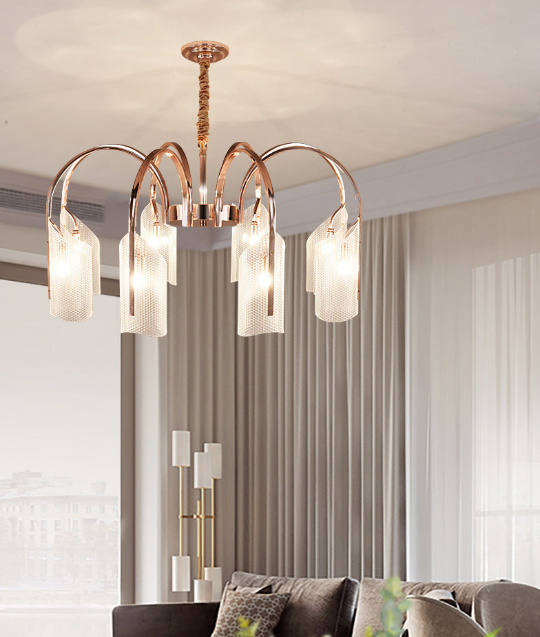 Araña de araña de estilo posmoderno de oro rosa con textura de diamante de brazo de ángulo ajuste de iluminación de sombra acrílica para sala de estar