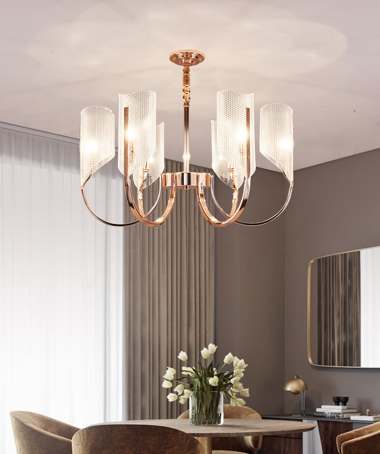 Araña de araña de estilo posmoderno de oro rosa con textura de diamante de brazo de ángulo ajuste de iluminación de sombra acrílica para sala de estar