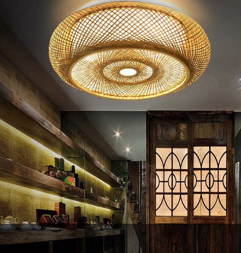 Plafonnier tissé en bambou, style asiatique, luminaire simple, beige