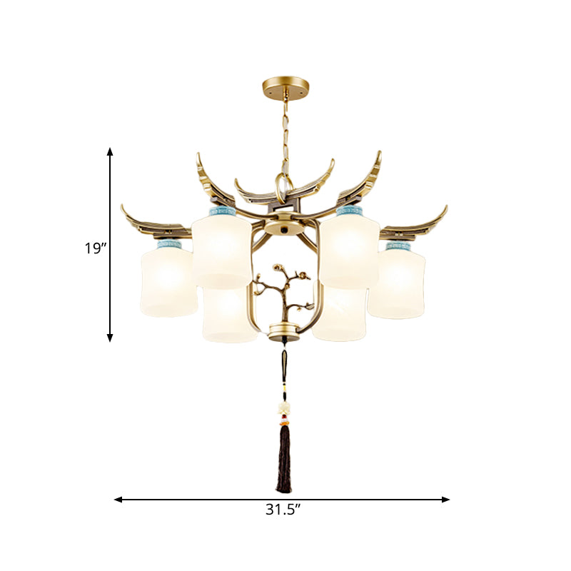 Cylinder Living Room Hanging Chandelier Traditional Style Metal 6/8/10 Lights Brass Ceiling Light with Frosted Glass Shade