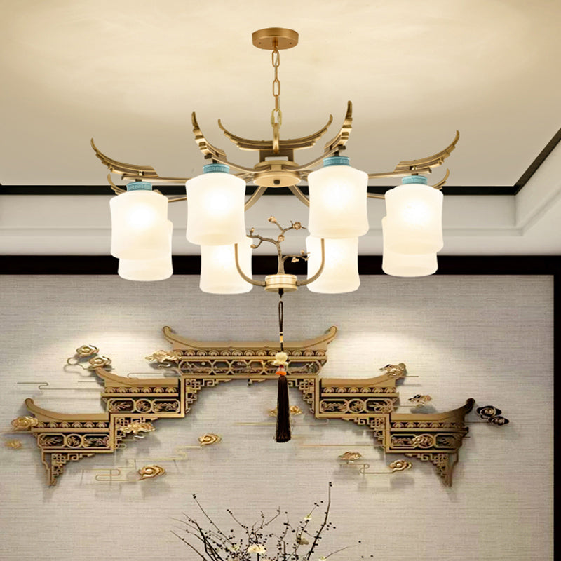 Cylinder Living Room Hanging Chandelier Traditional Style Metal 6/8/10 Lights Brass Ceiling Light with Frosted Glass Shade