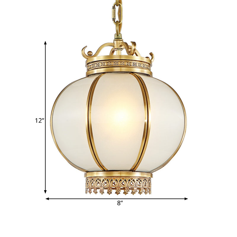 Frosted Glass Lantern Hanging Light Traditional 1 Light Bedroom Drop Pendant in Brass