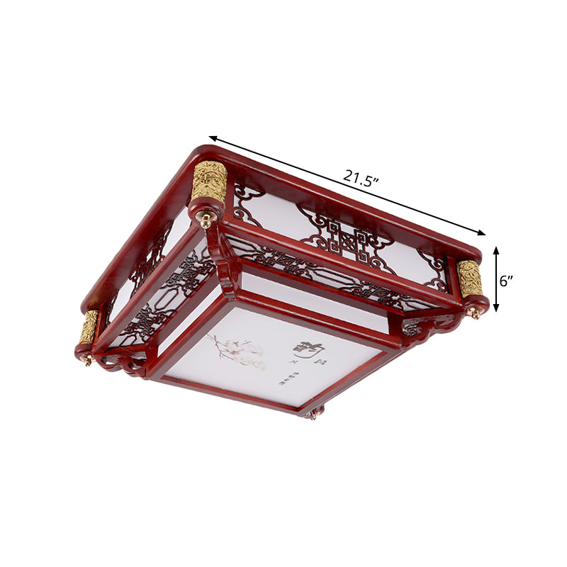 21.5"/39" Wide LED Rectangle Flush Mount Traditional Dark Red Wood Flush Light Fixture for Living Room