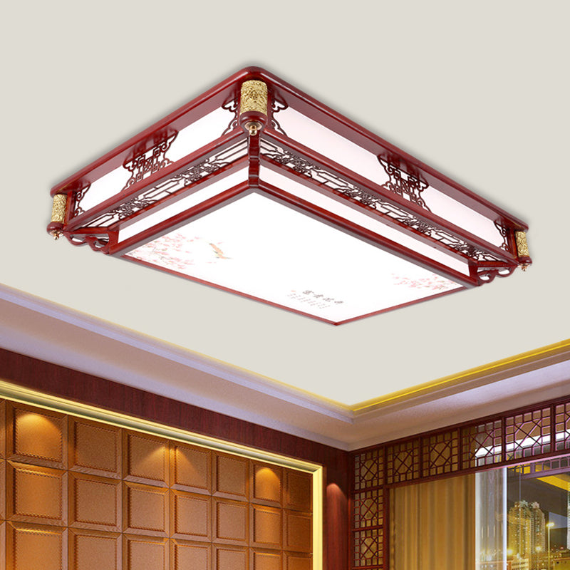 21.5"/39" Wide LED Rectangle Flush Mount Traditional Dark Red Wood Flush Light Fixture for Living Room